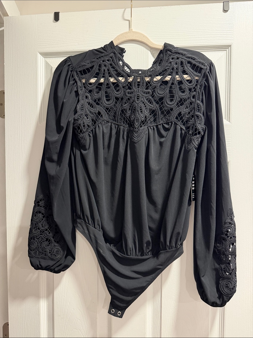 Express Black Lace-Yoke Long Sleeve Bodysuit